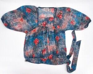 Sushi Flower  Shirt Womens Large Blue Floral Side Tie Peasant Pullover